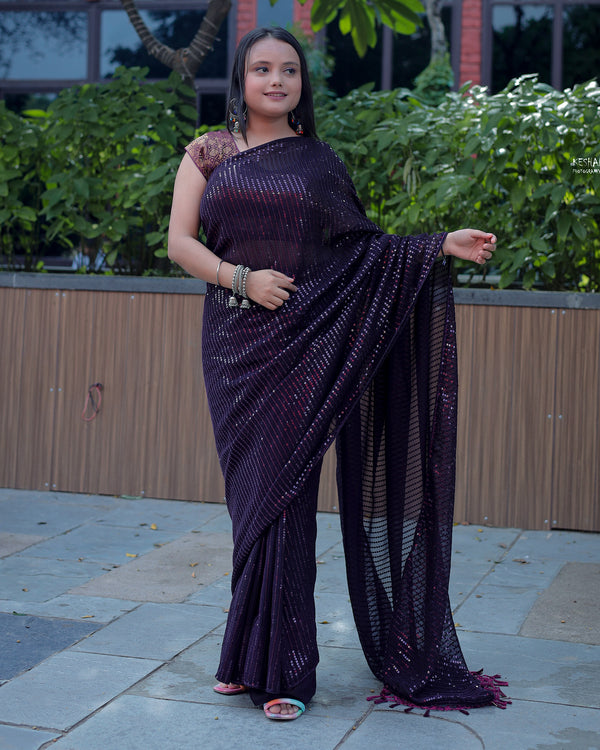 Pre-Stitched Royal Plum Ready To Wear Sequins Georgette Saree