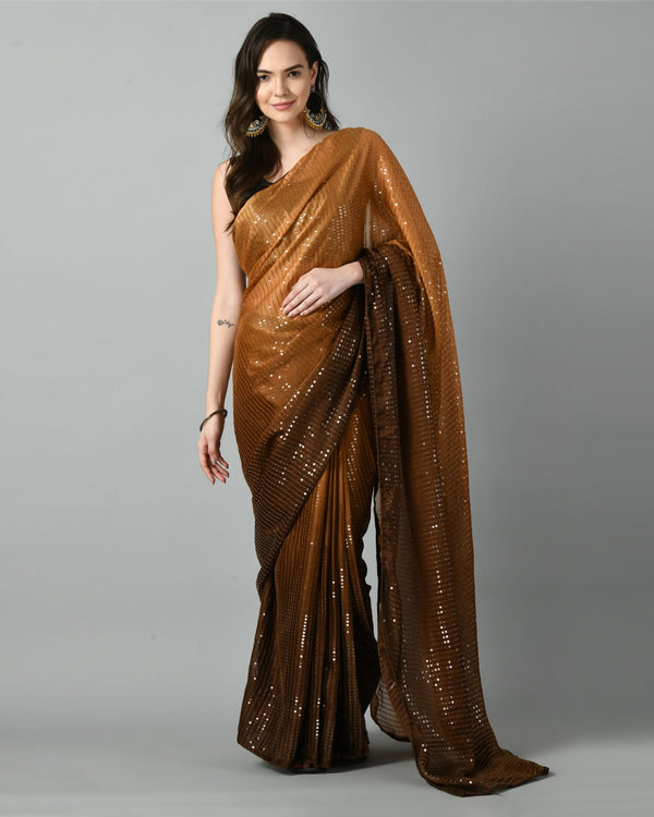 Pre-Stitched Golden Splendor Ready To Wear Sequin Georgette Saree