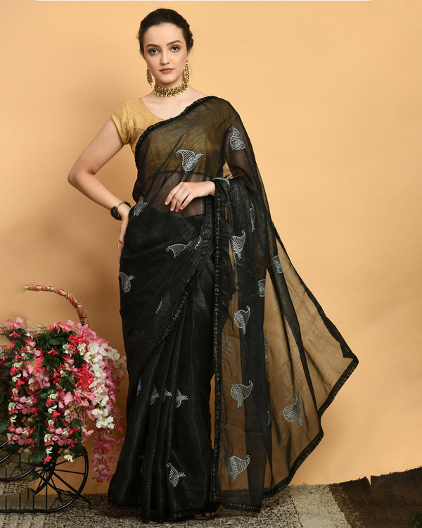 Pre Stitched Black Baroque Embroidered Ready to Wear Cotton Silk Saree