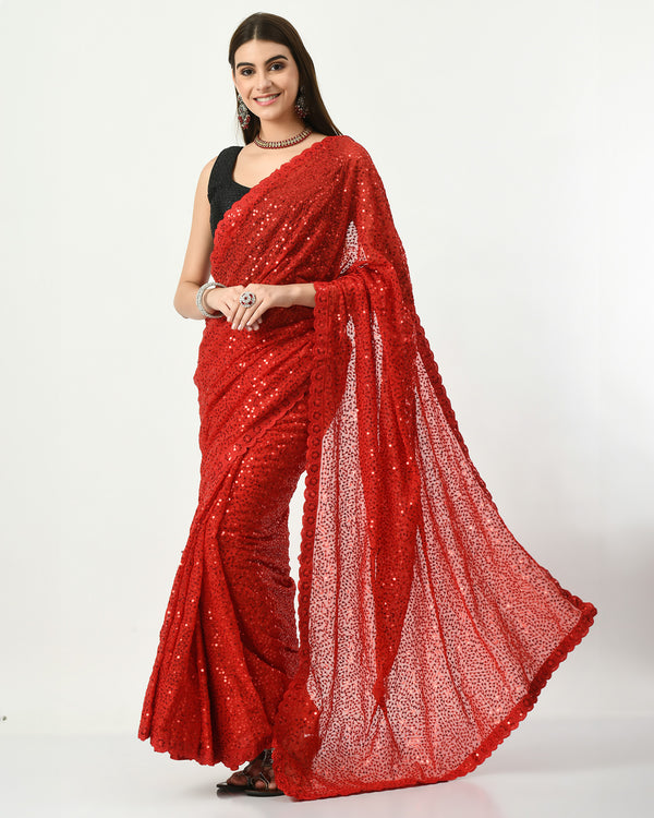 Pre-Stitched Ravishing Red Sequin-Adorned Ready To Wear Georgette Saree