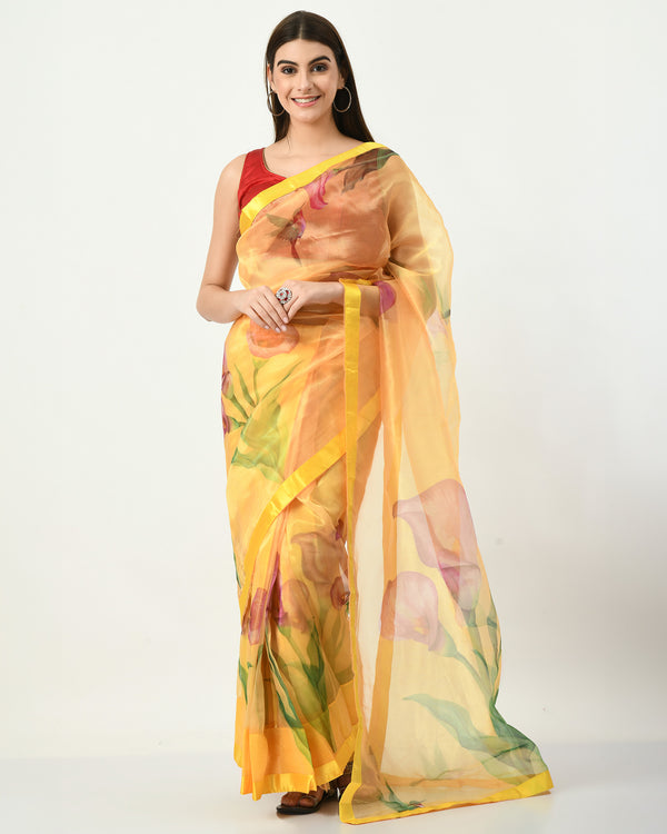 Pre-Stitched Sunny Yellow Floral Delight Ready To Wear Organza Saree