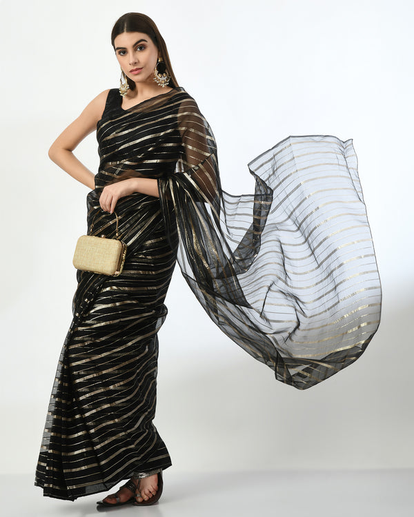 Pre-Stitched Silver Lining Striped Delight Ready To Wear Georgette Saree