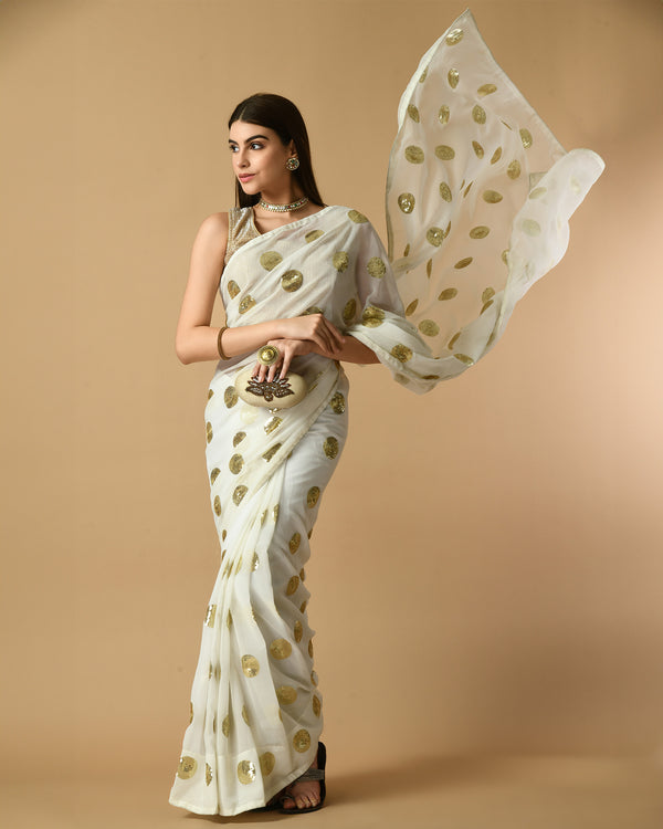Pre-Stitched Golden Polka Delight Ready To Wear Georgette Saree