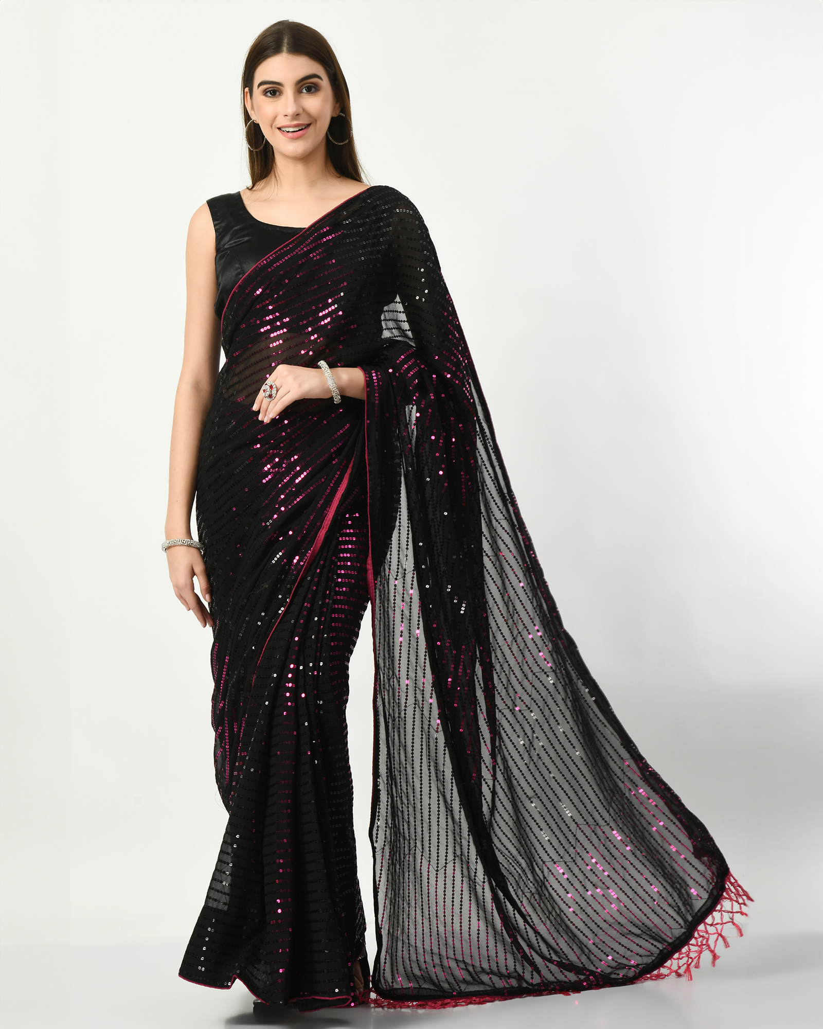 Handloom Black Chanderi Saree With Purple and Gold Leaf Motif – WeaverStory