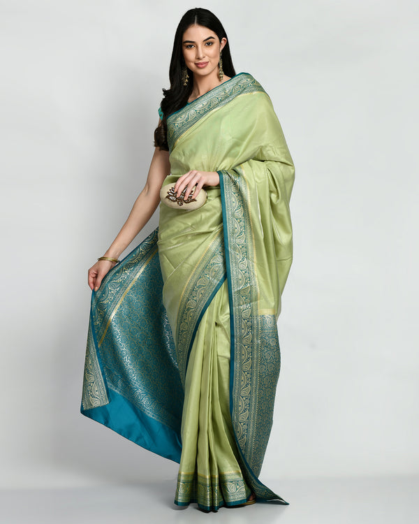 Pre Stitched Shiny Green Ready To Wear Katan Silk Saree