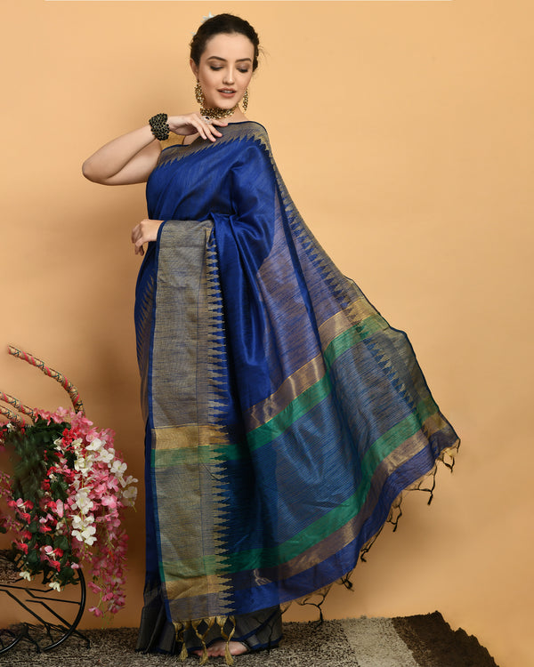Pre Stitched Blue Ready To Wear Cotton Silk saree