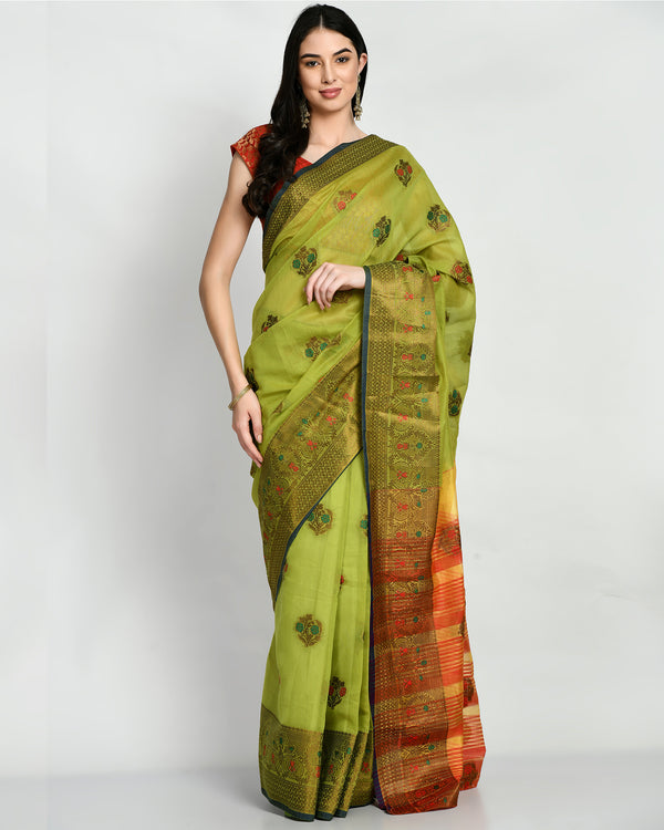 Pre Stitched Parrot Green Ready To Wear Chiffon Saree With Floral Weaving.
