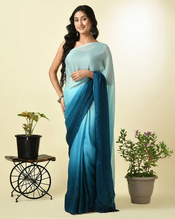 Pre-Stitched Ethereal Teal Striped Ready To Wear Chiffon Saree