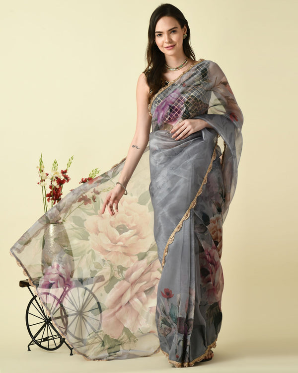 Pre-stitched Enchanted Blooms Grey Ready To Wear Organza Saree