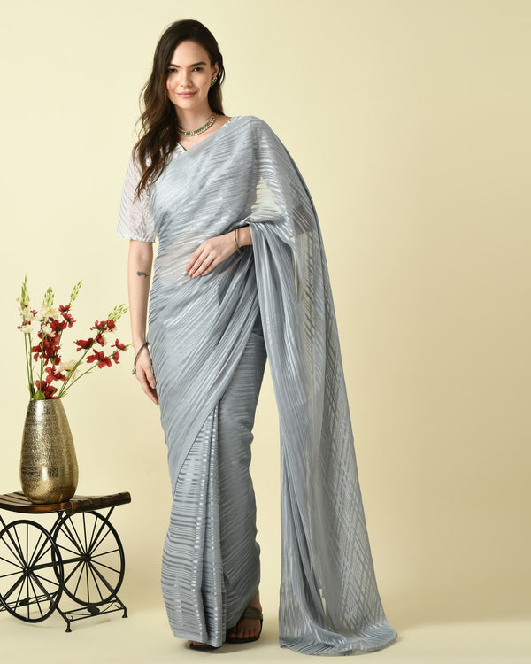 Pre-Stitched Radiant Silver Foil Ready To Wear Georgette Saree