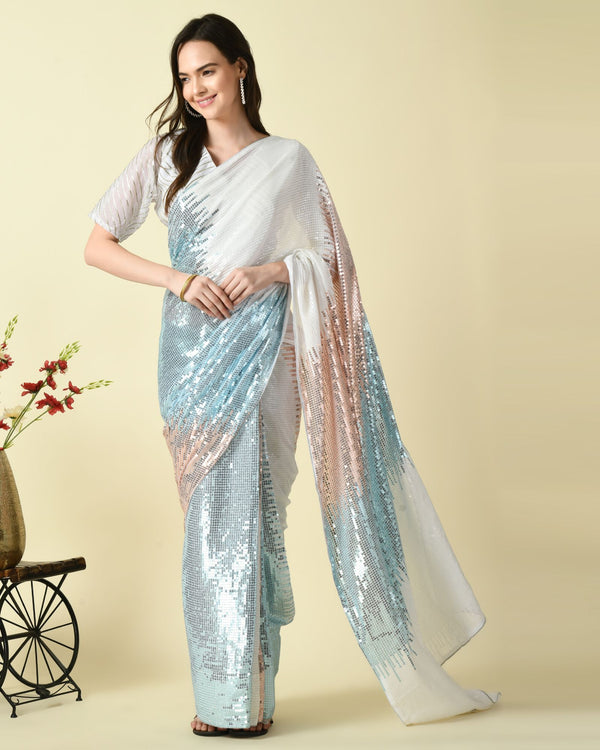 Pre-Stitched Enchanting White Ready To Wear Sequin Splendor Georgette Saree