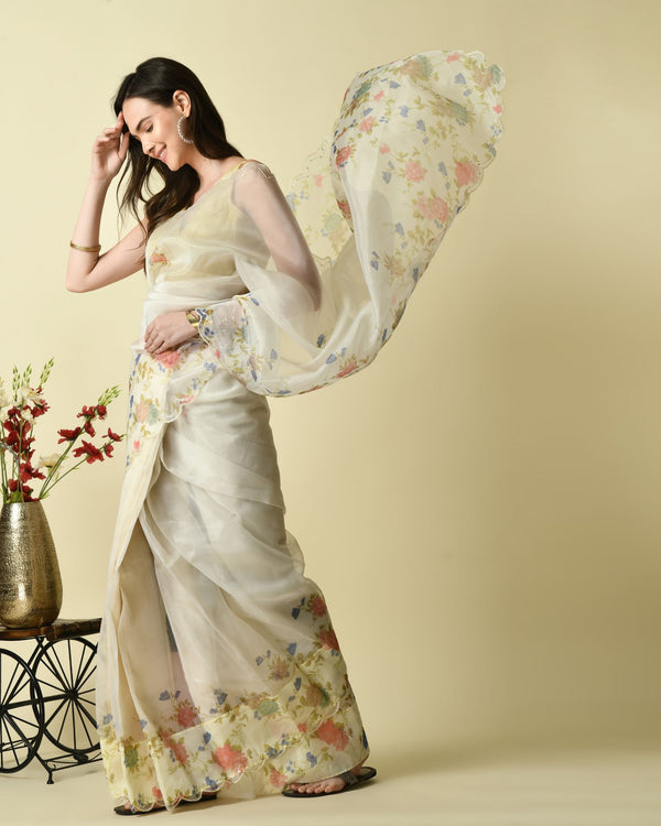 Pre-Stitched Ivory Elegance Floral Ready To Wear Organza Saree