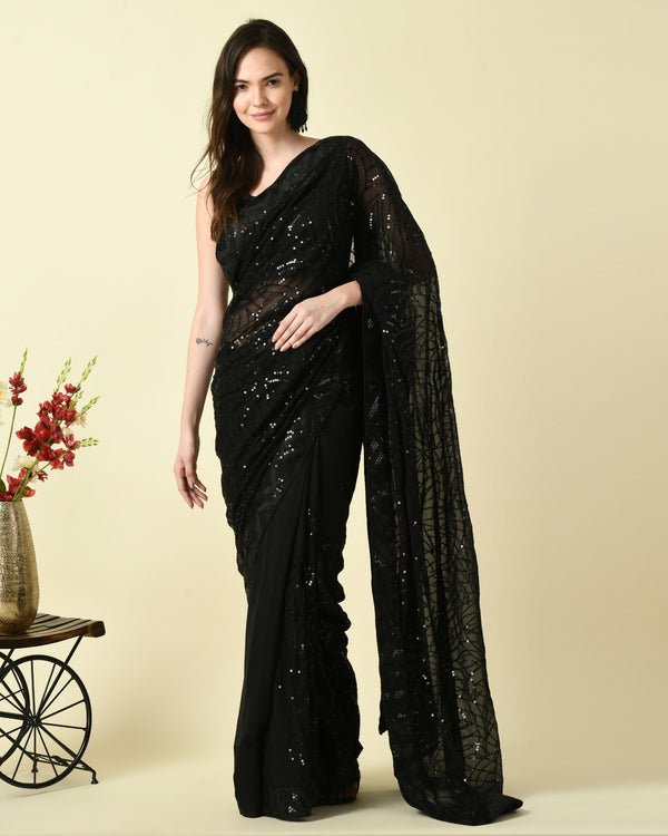 Pre-Stitched Enchanting Black Ready To Wear Pure Georgette Saree With Sequin Work