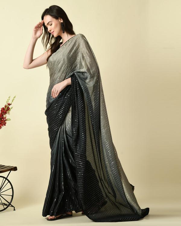 Pre-Stitched Glamourous Grey Ready To Wear Sequin Delight Chiffon Saree