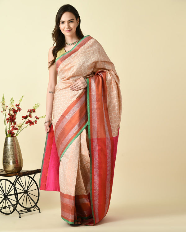 Pre-Stitched Peachy Geometric Charisma Ready To Wear Katan Silk Saree