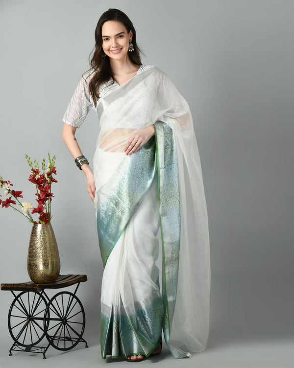Pre-Stitched Serenity Green Ready To Wear Organza Saree With Jacquard Border