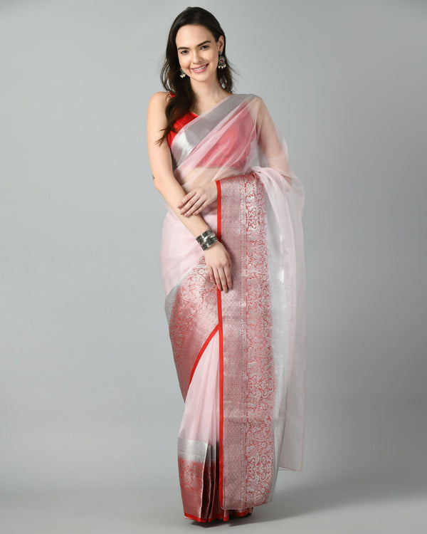 Pre-Stitched Elegant Blush Ready to Wear Organza Saree With Jacquard Border
