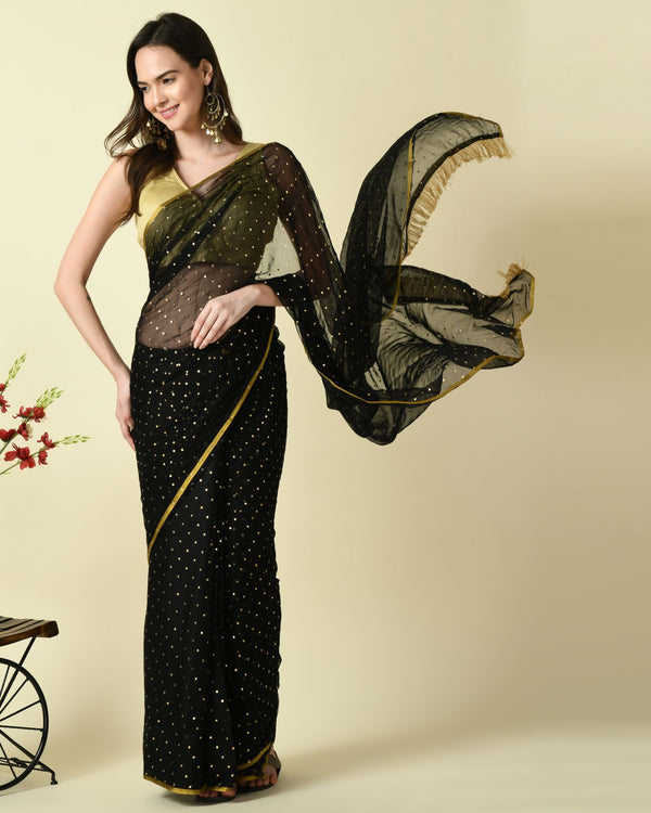Pre-stitched Elegant Ebony and Gold Ready To Wear Georgette Saree