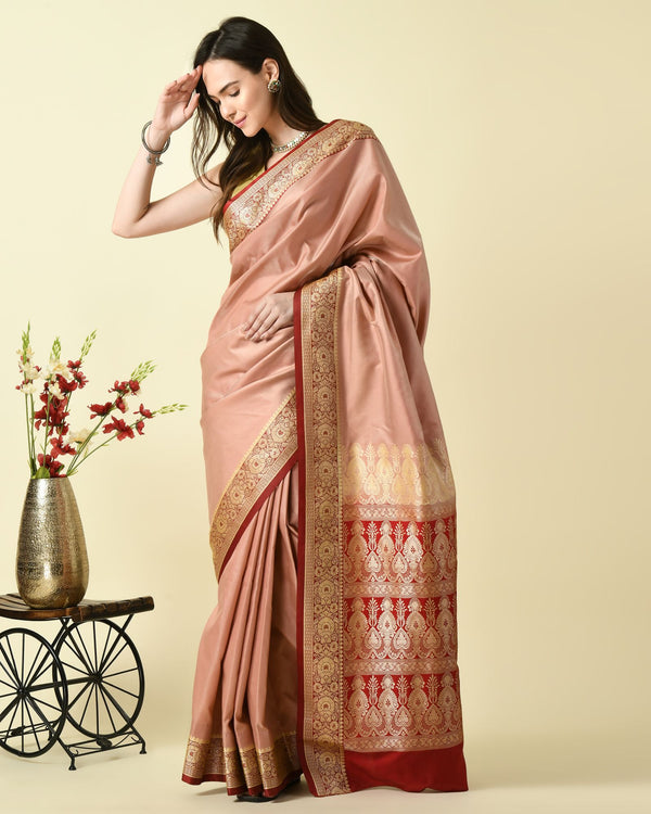 Pre-Stitched Peachy Elegance Ready To Wear Katan Silk Saree