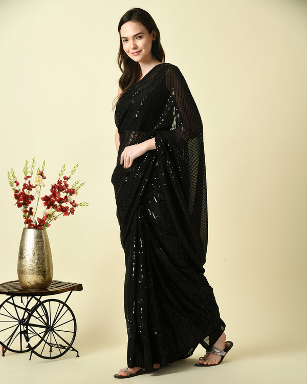 Pre-Stitched Enchanting Black Ready To Wear Sequin Georgette Saree