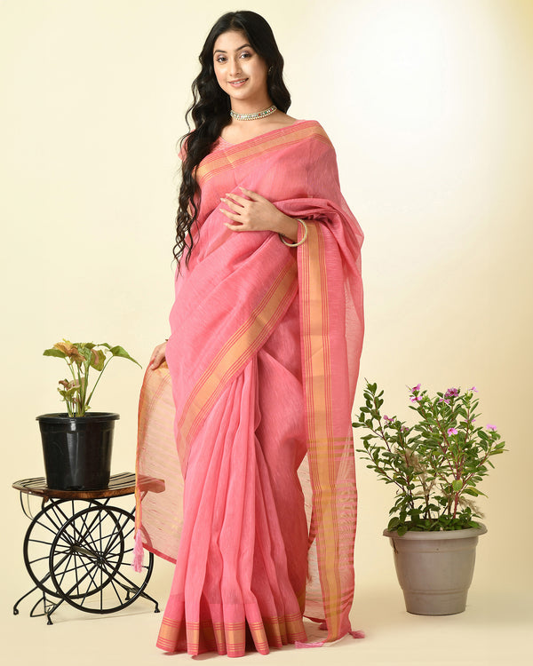 Pre-Stitched Elegant Pink Ready To Wear Linen Saree with Golden Zari Border