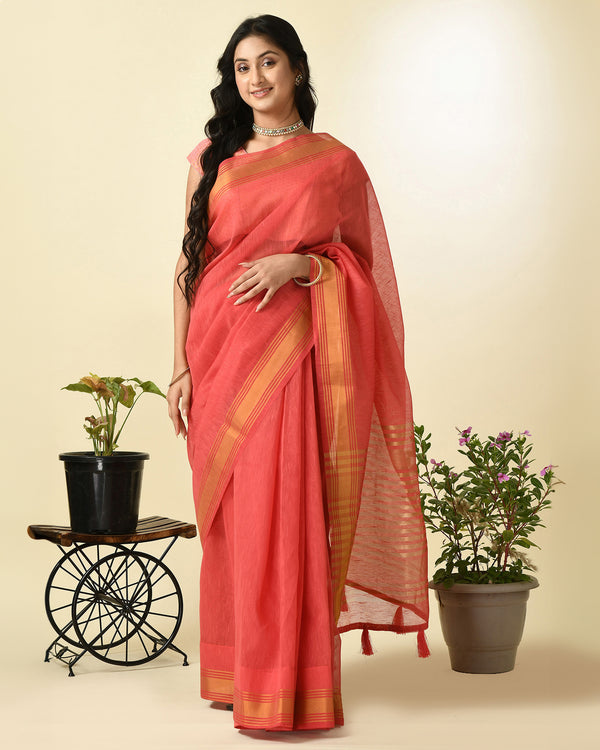 Pre-Stitched Radiant Red Ready To Wear Linen Saree with Golden Zari Border