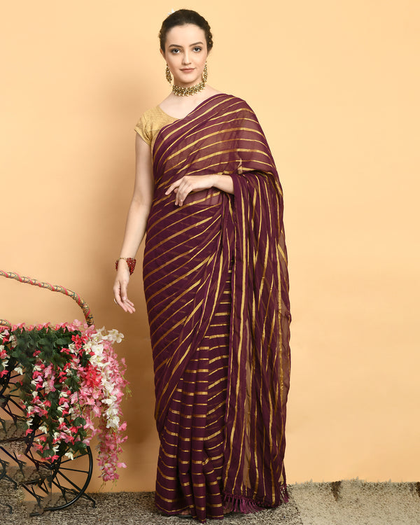 Pre Stitched Ready to Wear Wine Chiffon Saree with Golden Stripes