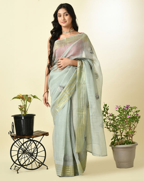 Pre-Stitched Steel Blue Blossom Ready To Wear Linen Saree with Golden Border