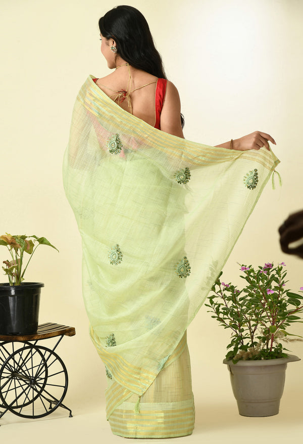 Pre-Stitched Olive Green Blossom Ready To Wear Linen Saree with Golden Border