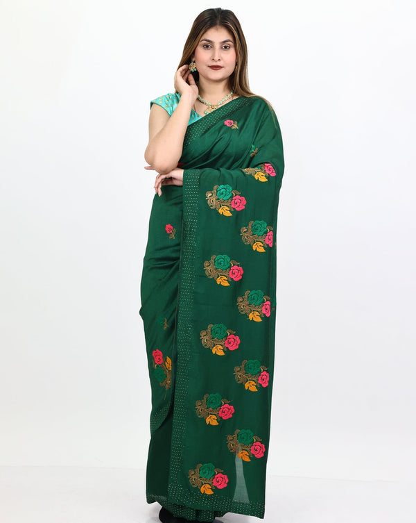 Green Floral Embroidered Ready to Wear Cotton Silk Saree
