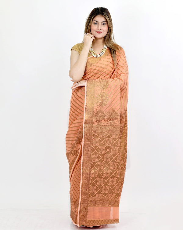 Orange Ready to Wear Cotton Silk Saree with Diagonal Golden Stripes